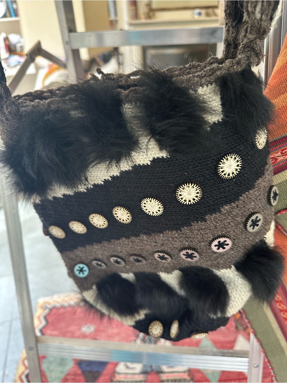 Handwoven womans  Fur-Trim Crossbody Bag - Black & Brown